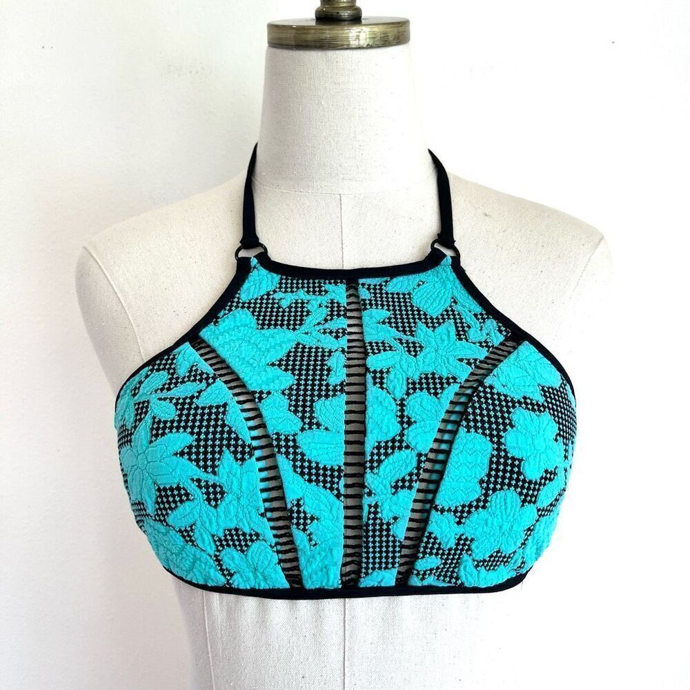 Nanette Lepore Jacquard Floral High Neck Bikini Top Aqua and Black Size Medium